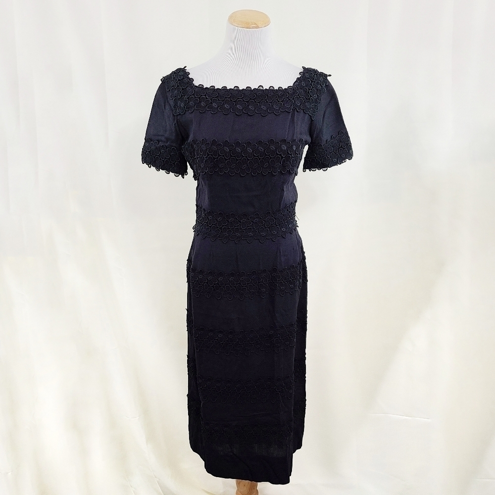 Vintage L'Aiglon 1950s black dress floral embroidery lace